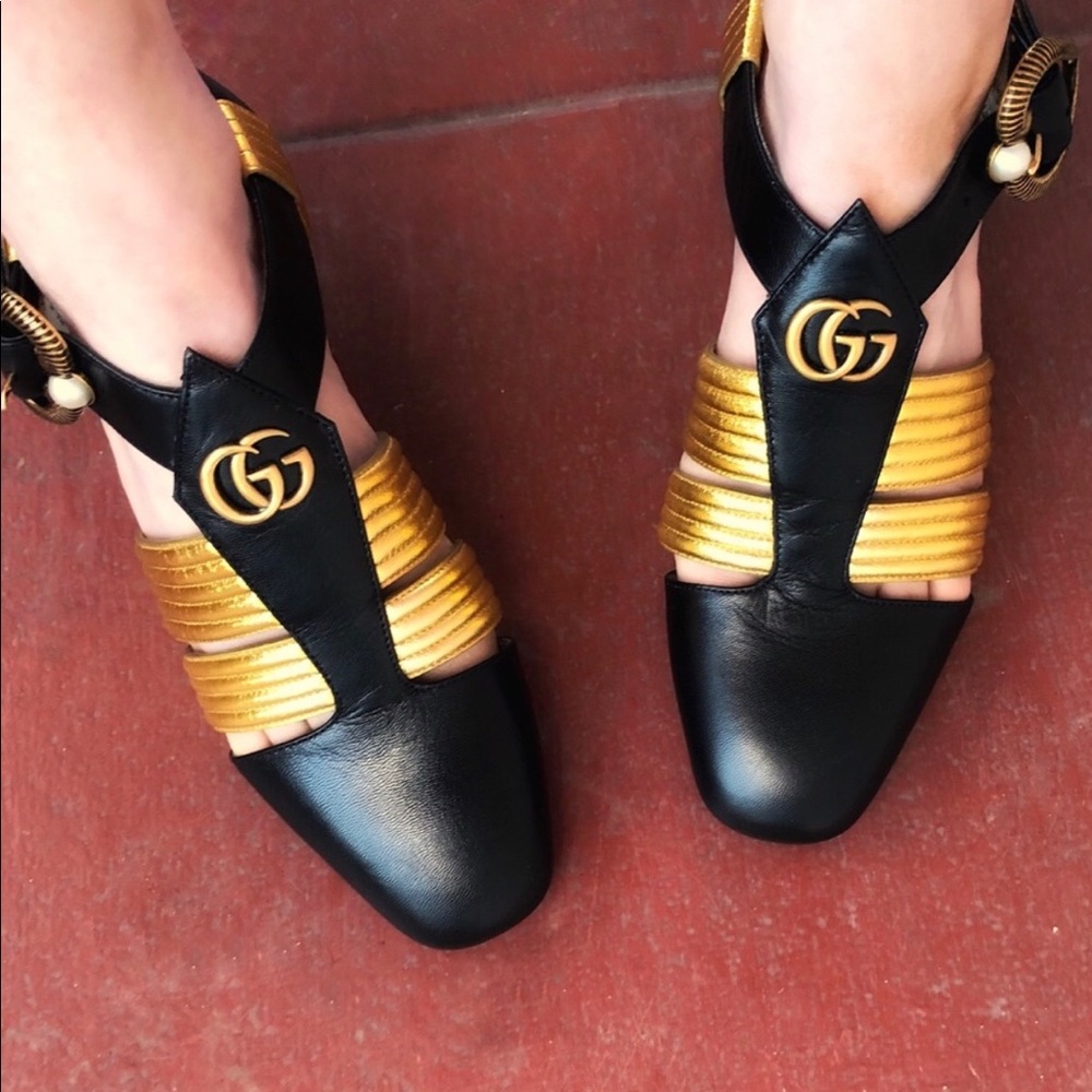 Authentic Gucci Black/Gold Heels Marmont GG